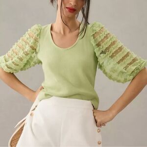 Anthropologie Puff Sleeve Ribbed Scoop Neck Top